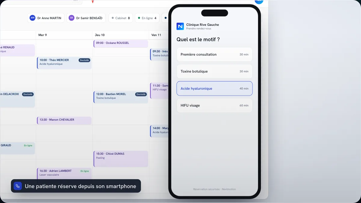 Demo animada de la agenda Nextmotion y la sincronización con Doctolib