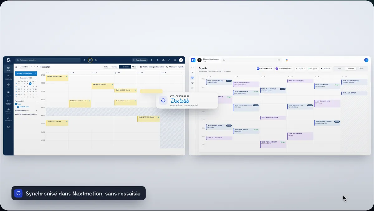 Animated demo of the Nextmotion calendar and Doctolib sync