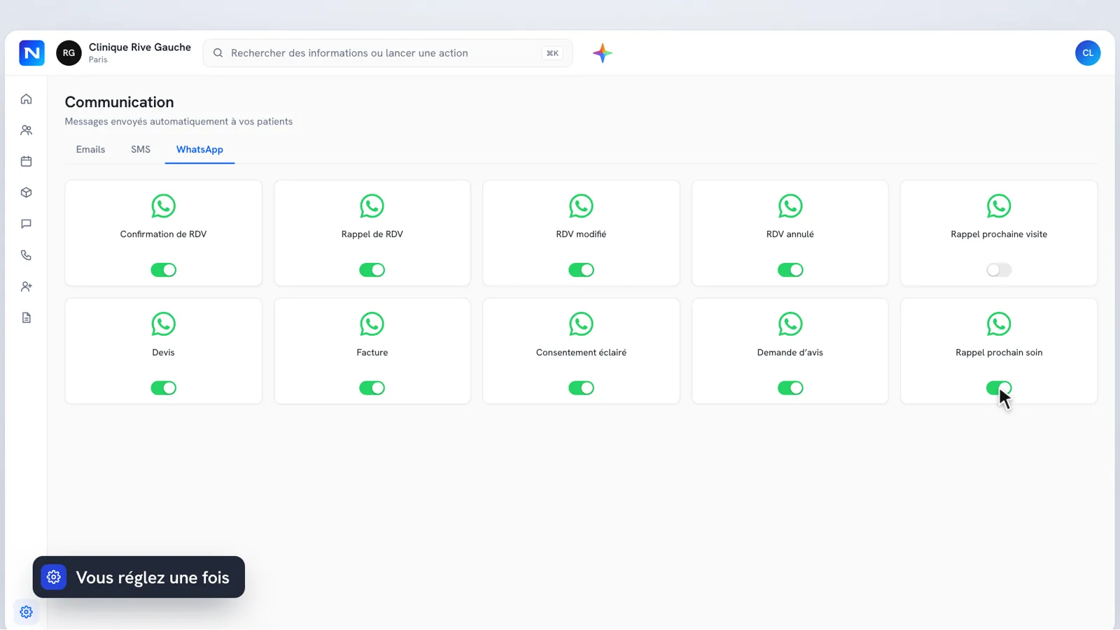 Animated demo of Nextmotion automations: confirmations, reminders, follow-ups and callbacks sent automatically to a patient over a year