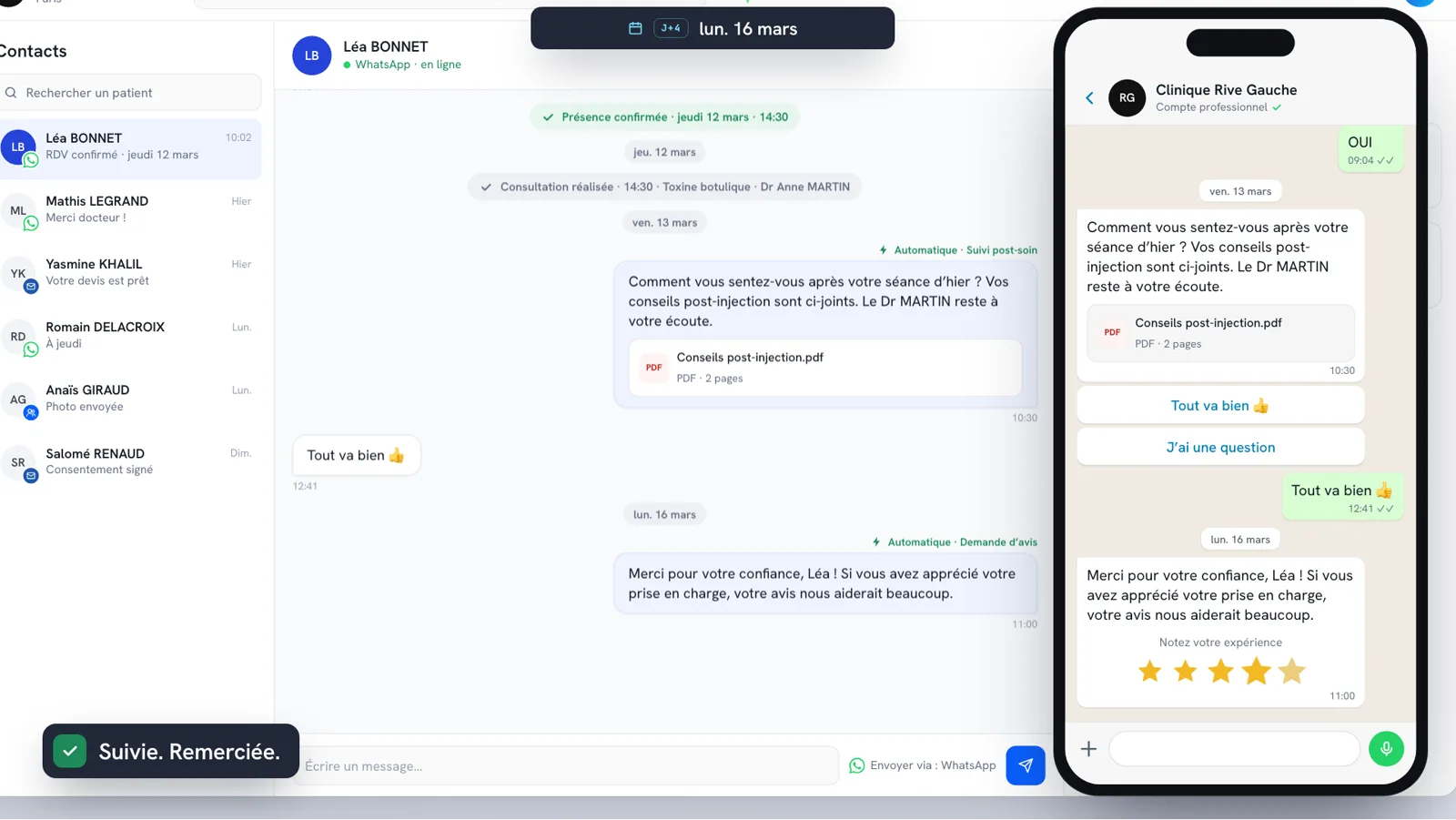 Animated demo of Nextmotion automations: confirmations, reminders, follow-ups and callbacks sent automatically to a patient over a year