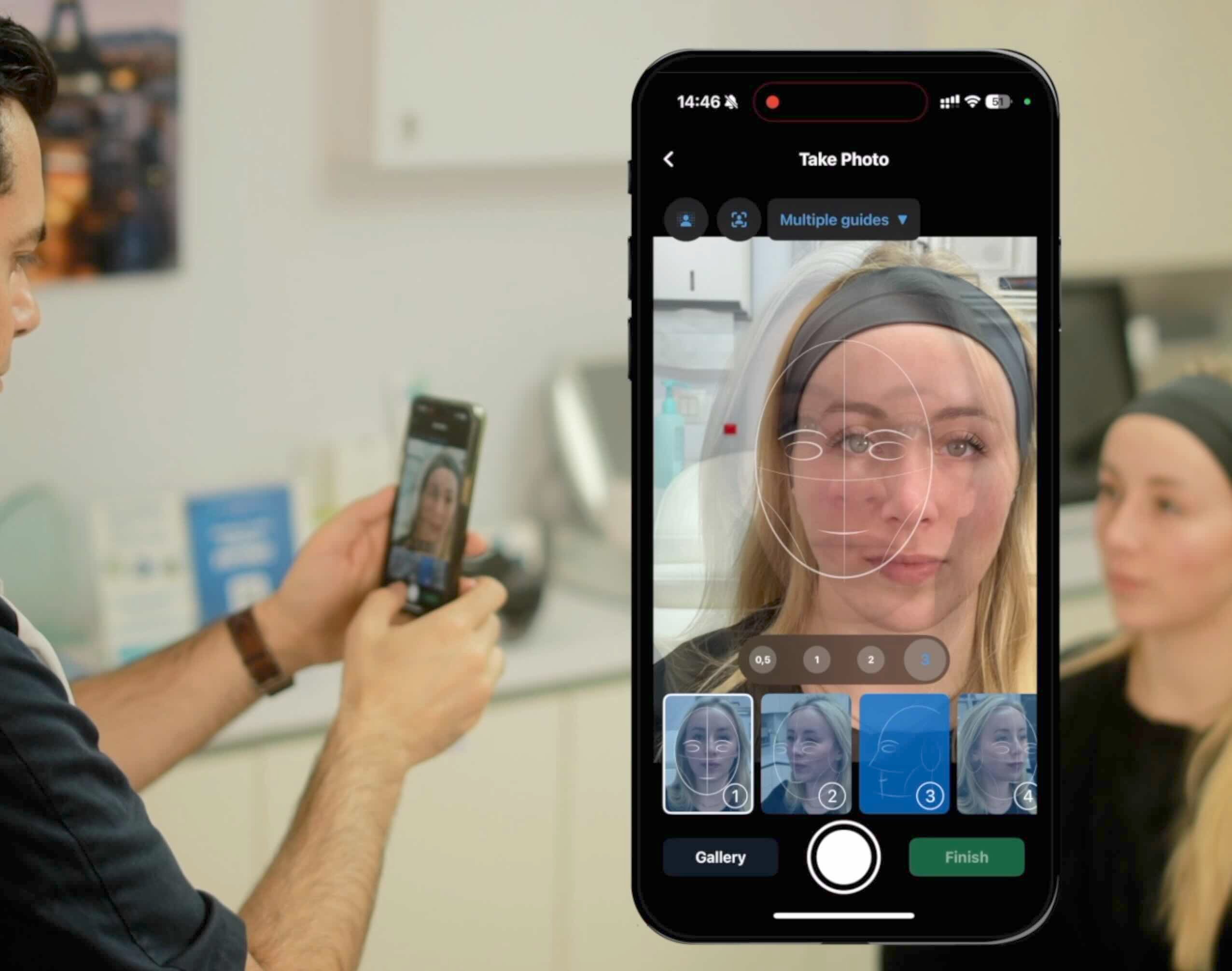 Demonstration of the NM Capture app interface on an iPhone, showing a user taking standardized before/after photos of a patient with facial alignment guides