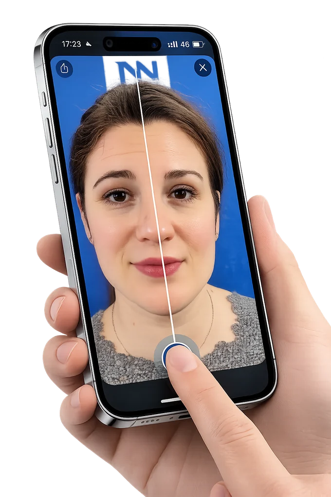 Nextmotion Capture app on iPhone: before/after medical photo with center guide, held in hand.