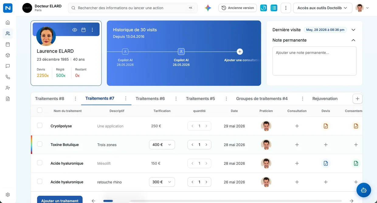 Nextmotion patient record: visit history, treatment table, quotes and consents in one place.