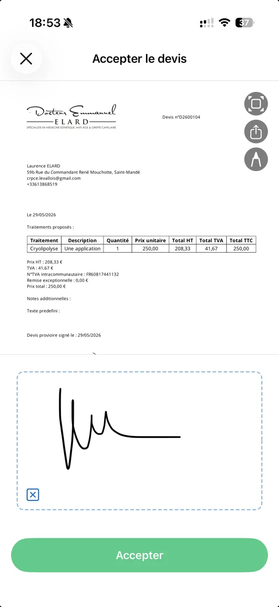 Electronic quote signature on mobile: the patient accepts and signs their quote from their phone.