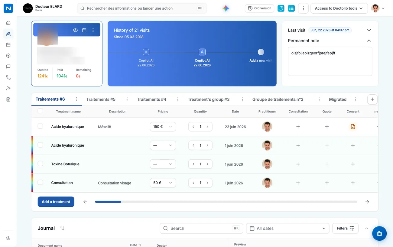Dossier patient Nextmotion : historique des visites, tableau des traitements avec tarifs, devis et consentements au même endroit.